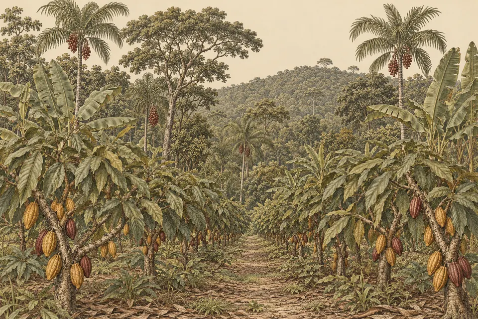 Gravura de linhas de cacaueiros com frutos no tronco, sob pupunheiras, bananeiras e árvores altas.