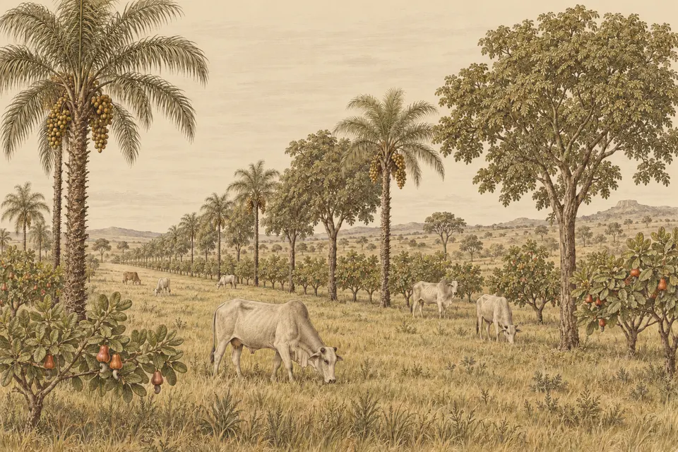 Gravura de gado pastando entre renques de macaúba, baru e caju-anão no Cerrado.