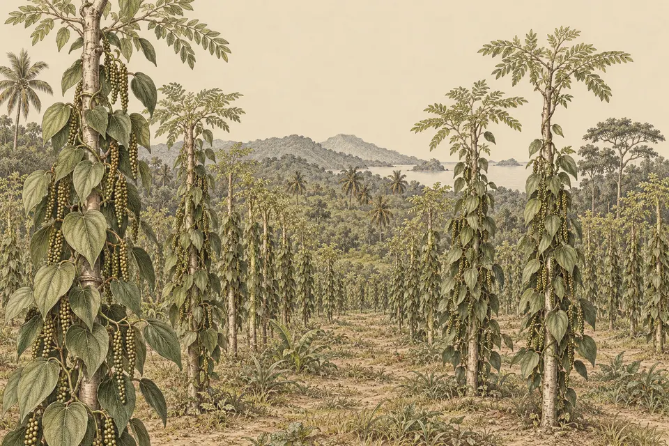 Gravura de pimenteiras subindo por tutores vivos de gliricídia, com morros e o mar ao fundo.