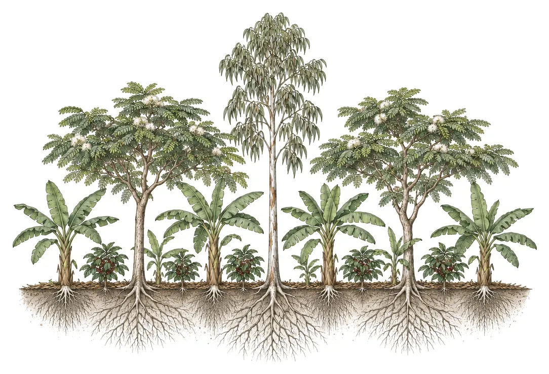 Gravura de uma linha de agrofloresta em corte, com eucalipto, ingá, bananeira e café, e as raízes no solo.