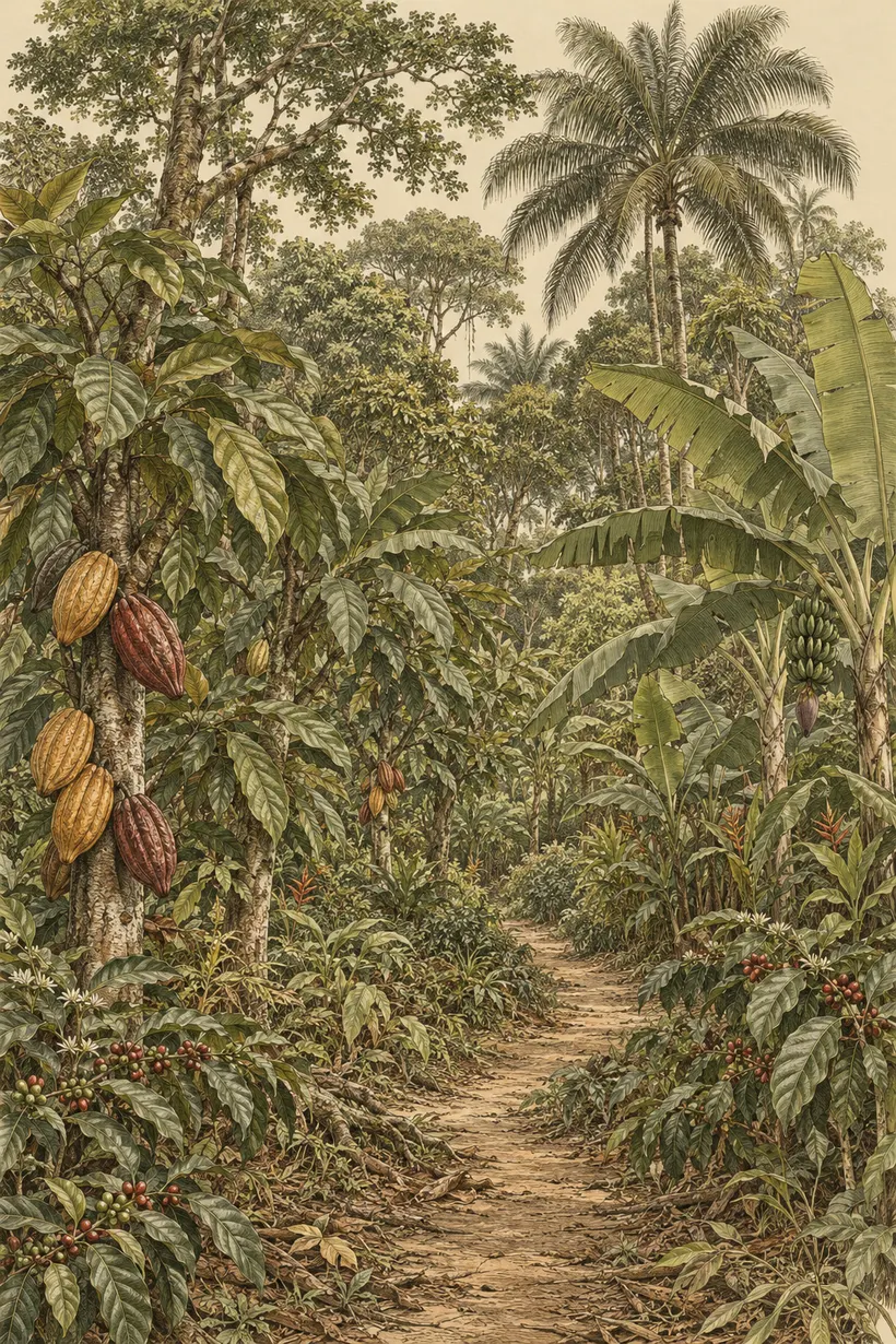 Gravura de uma agrofloresta madura vista de uma trilha, com cacau, café, bananeiras, palmeiras e árvores altas.