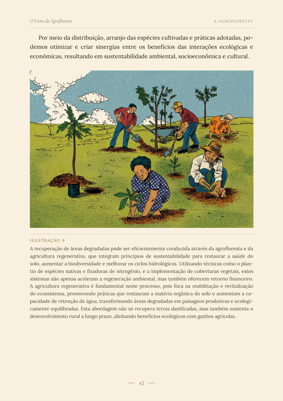 Ilustração de agricultores plantando mudas em área degradada.