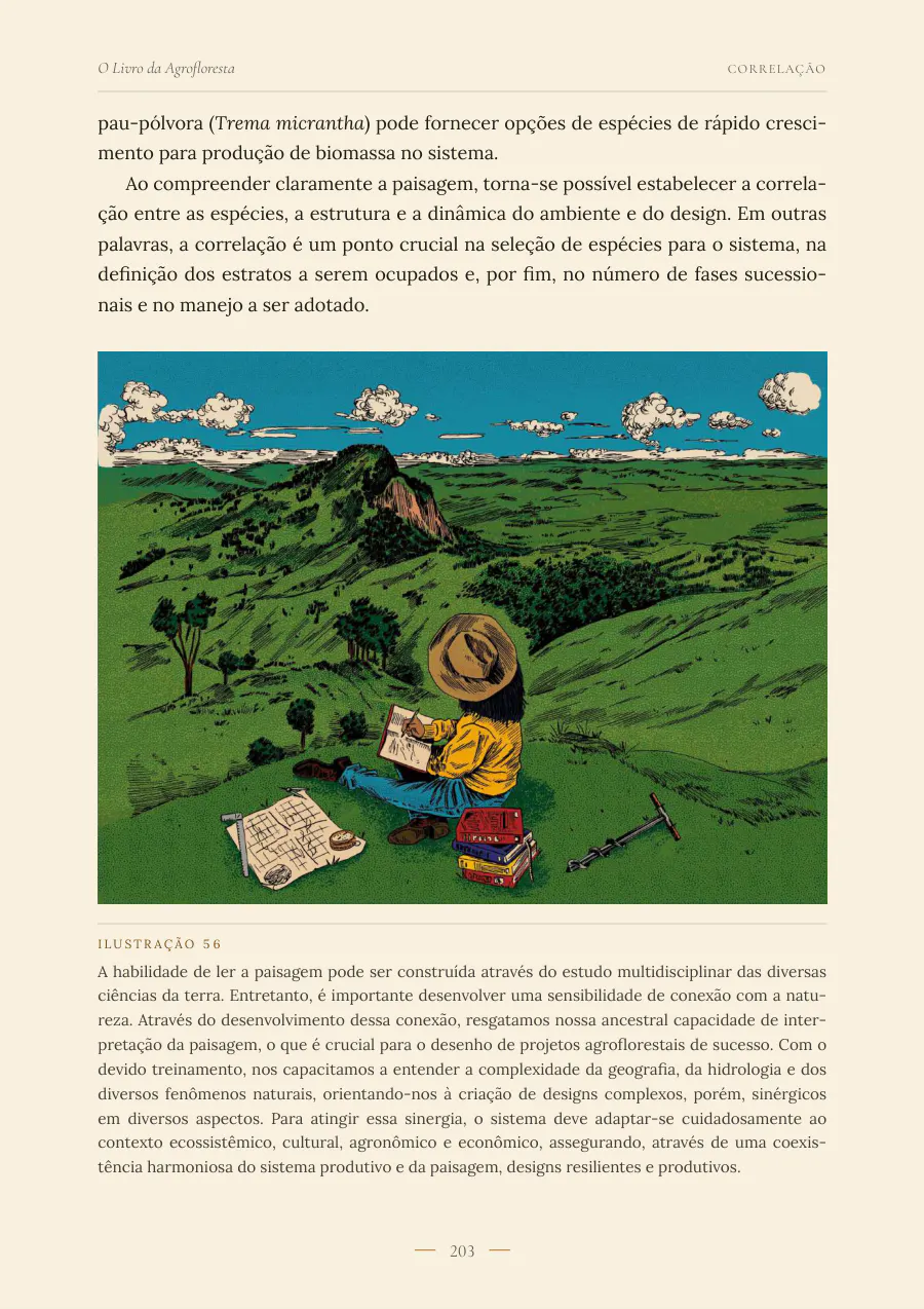 Ilustração de um agricultor desenhando o projeto diante da paisagem.